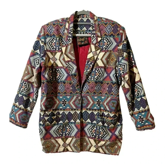 Circle T VTG Country Western Tapestry Aztec Blazer Jacket M Multicolor Cowboy - Picture 3 of 11